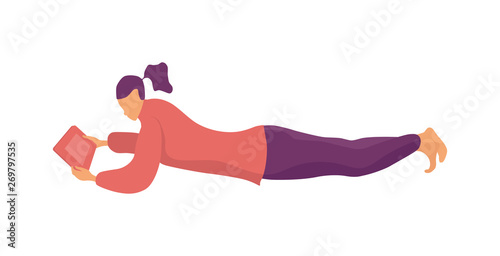Young woman lies with a tablet at home. Vector flat illustration isolated on white.