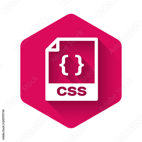 White CSS file document icon. Download css button icon isolated with long shadow. CSS file symbol. Pink hexagon button. Vector Illustration