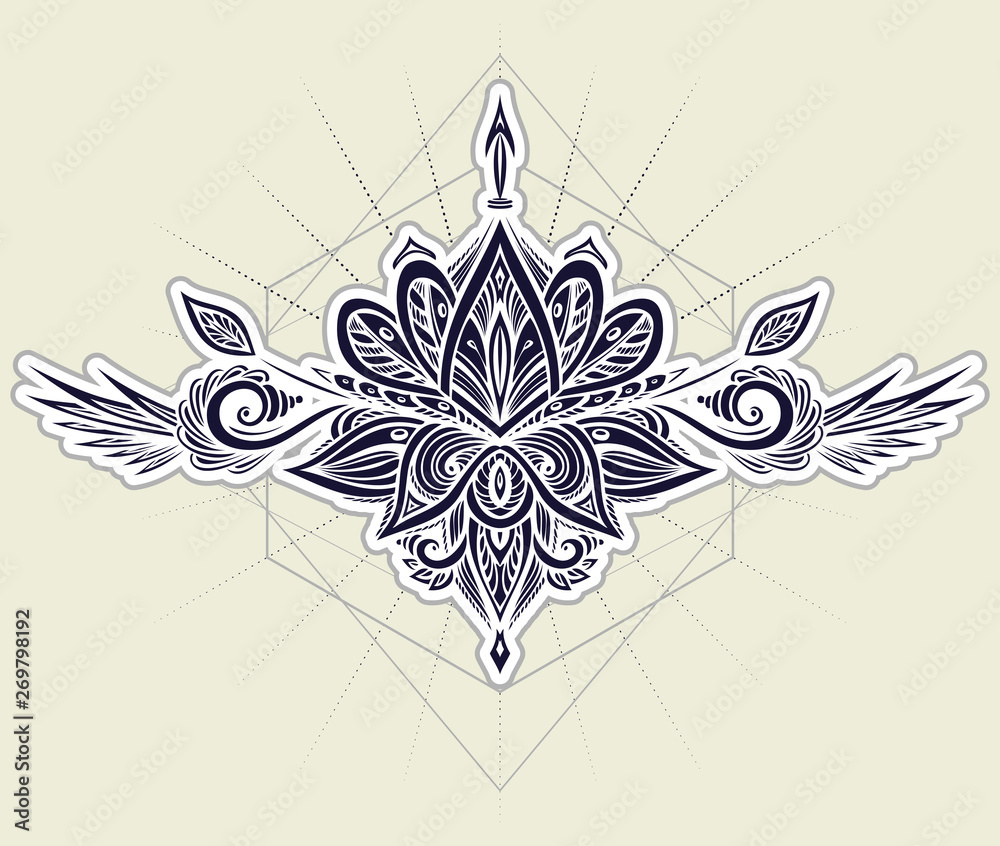 Abstract symbol in Boho  Indian Asian Ethnic style for tattoo black on white for decoration T-shirt or for coloring page or adult coloring book