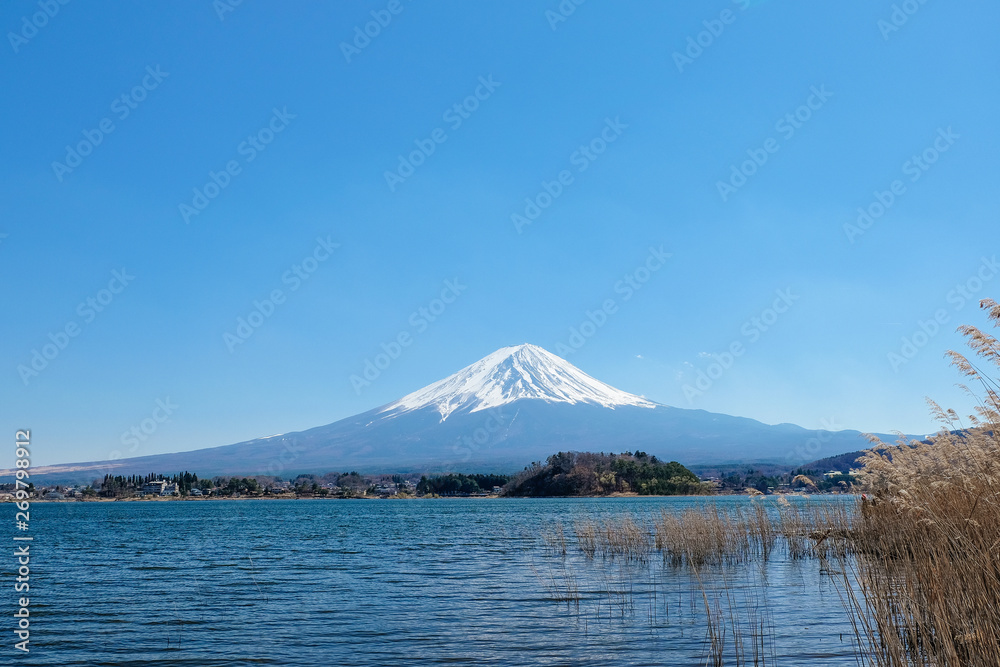 Mount Fuji view from Lake Kawaguchi, Yamanashi Prefecture, Lake Kawaguchi is a very popular tourist spot near Fuji Japan Mount Fuji view from Lake Kawaguchi, Yamanashi Prefecture, Lake Kawaguchi is a very popular tourist spot near Fuji Japan