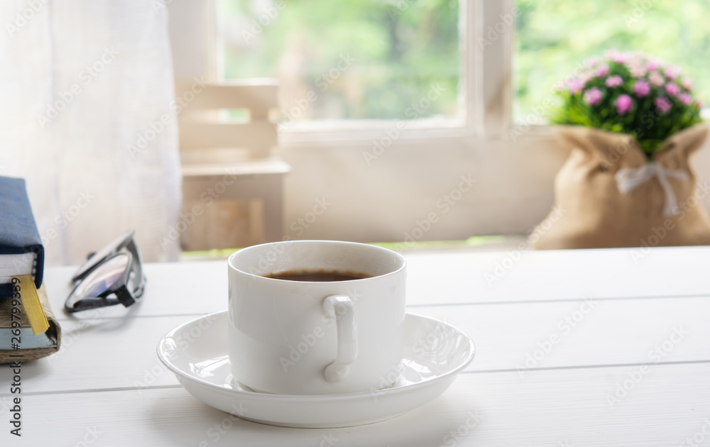 Coffee cup and window old in nature and the morning Coffee cup and window old in nature and the morning