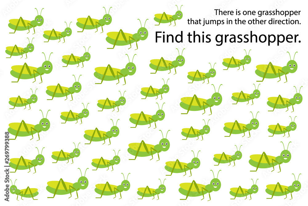 Find gresshopper jump in other direction, springs education puzzle game for children, preschool worksheet activity for kids, task for the development of logical thinking and mind, vector illustration Find gresshopper jump in other direction, springs education puzzle game for children, preschool worksheet activity for kids, task for the development of logical thinking and mind, vector illustration
