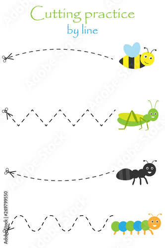 Insects in cartoon style, education cut game for the development of preschool children, use scissors, cutting practice by line, vector illustration