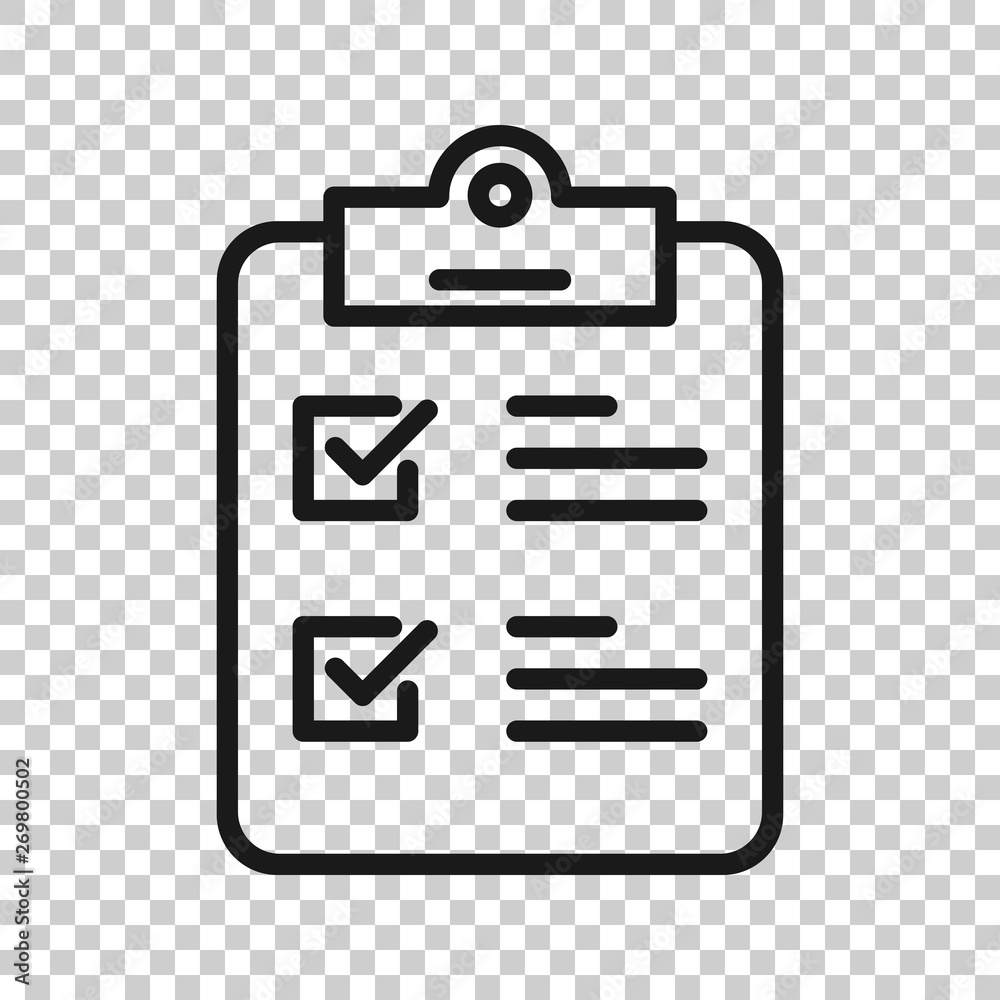 Checklist clipboard sign icon in transparent style. Document list vector  illustration on isolated background. Questionnaire notepad business  concept. Stock-Vektorgrafik | Adobe Stock