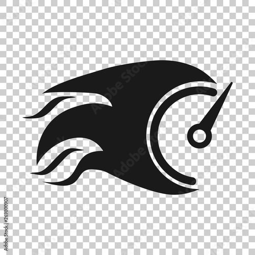 Flaming speedometer sign icon in transparent style. Accelerate vector illustration on isolated background. Motion tachometer business concept.