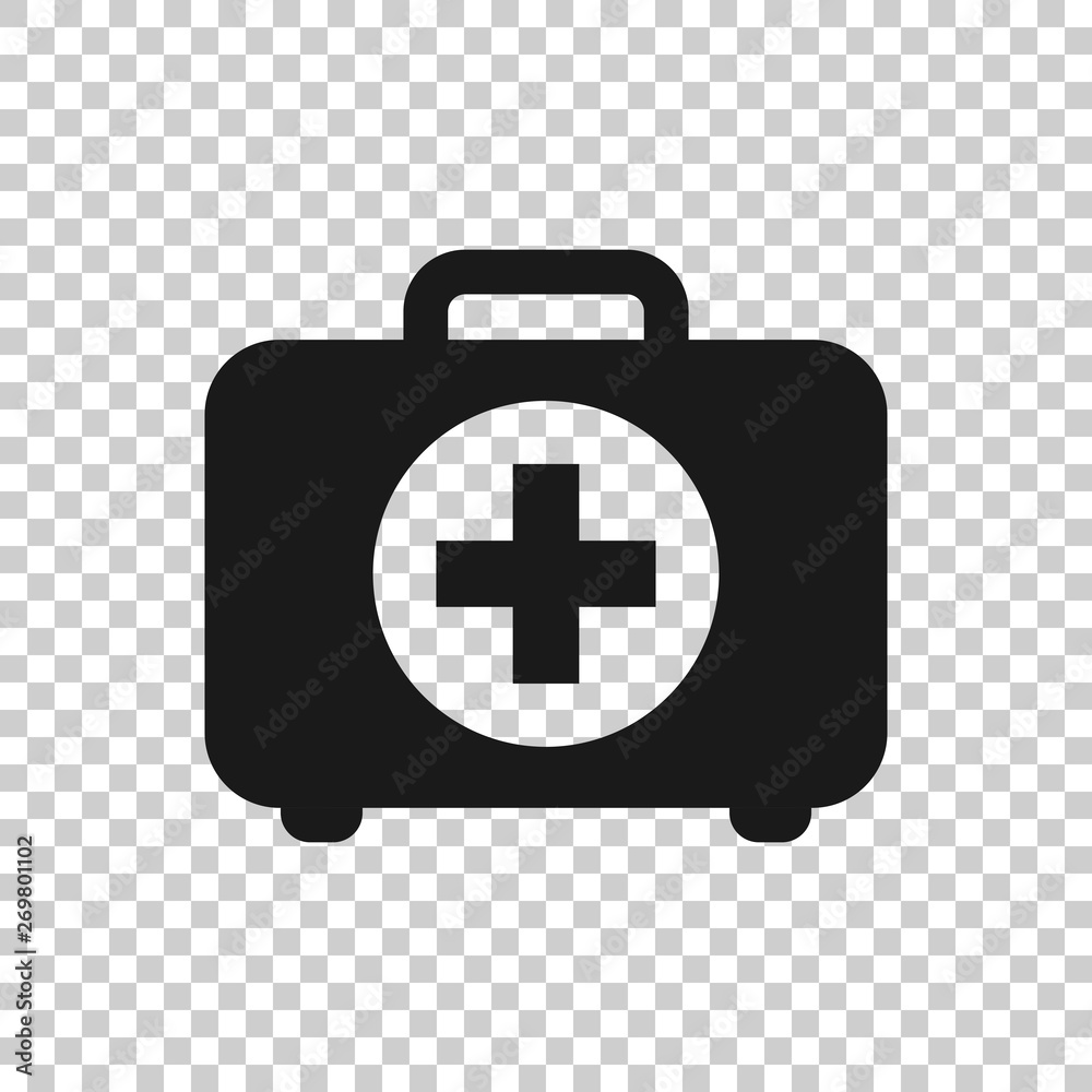 Obraz premium First aid kit icon in transparent style. Health, help and medical diagnostics vector illustration on isolated background. Doctor bag business concept.