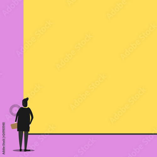 Back view young woman watching blank big rectangle. Geometrical background