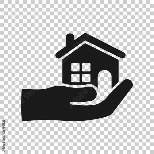 Home care icon in transparent style. Hand hold house vector illustration on isolated background. Building quality business concept.