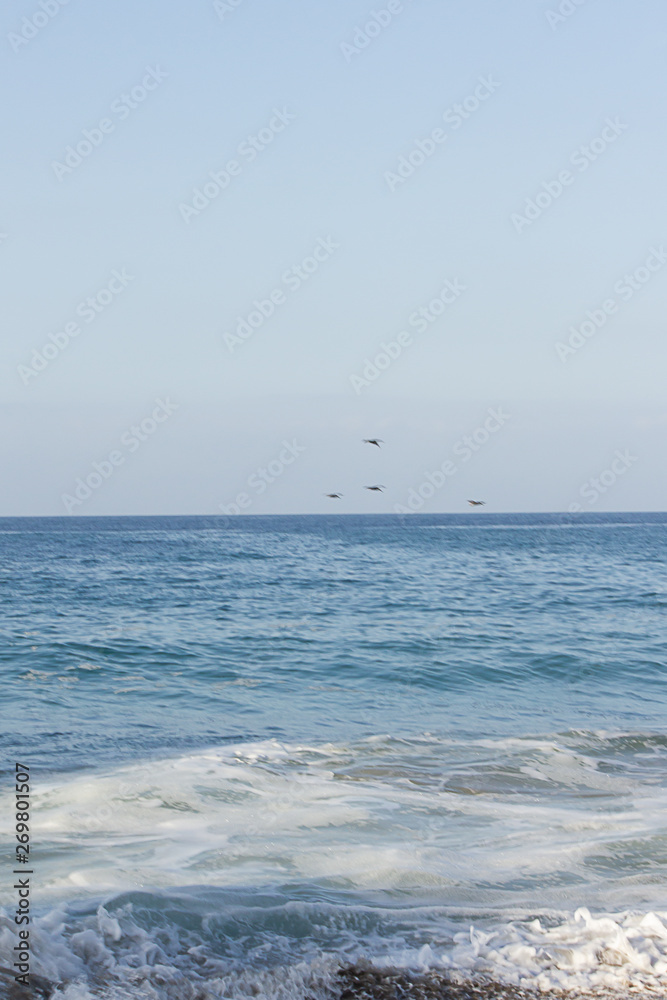 swirling foam on pebbly beach with open ocean to horizon swirling foam on pebbly beach with open ocean to horizon
