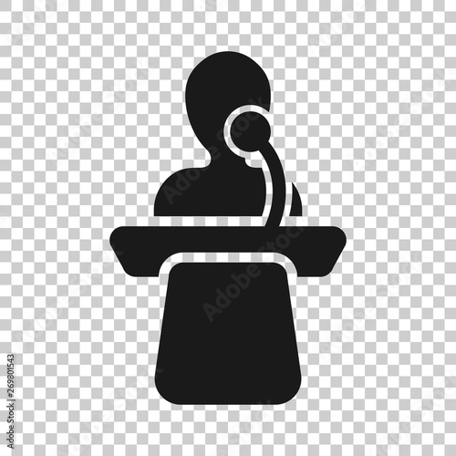 Public speach icon in transparent style. Podium conference vector illustration on isolated background. Tribune debate business concept.