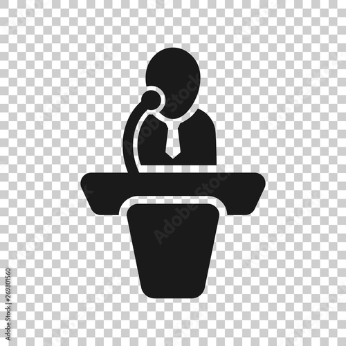Public speach icon in transparent style. Podium conference vector illustration on isolated background. Tribune debate business concept.