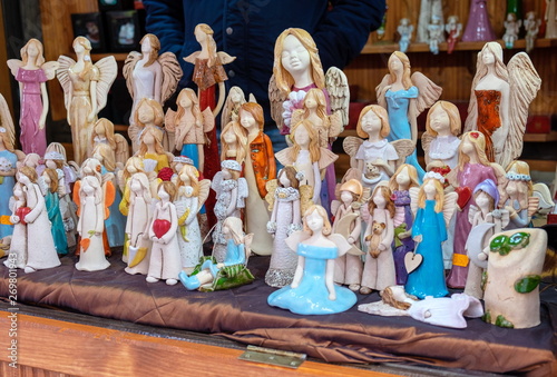 Ceramic Christmas angels for sale at christmas market. Wroclaw, Poland