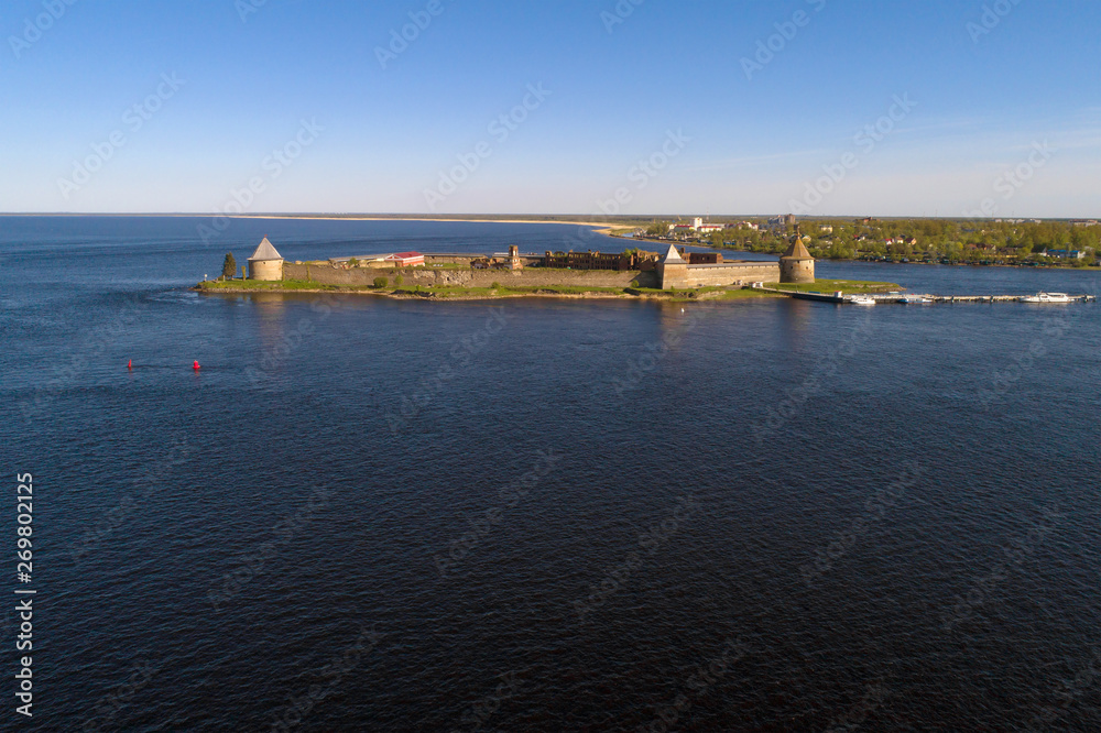 View of the Oreshek fortress on a May evening (aerial photography). Leningrad region, Russia