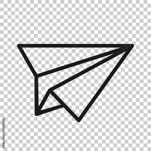Paper airplane icon in transparent style. Plane vector illustration on isolated background. Air flight business concept.