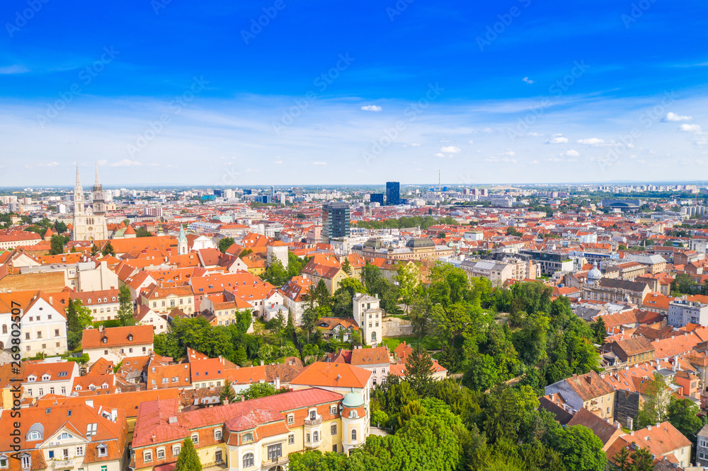 Panoramic view on Upper town and Down town in Zagreb, red roofs and palaces of old baroque center of Croatia