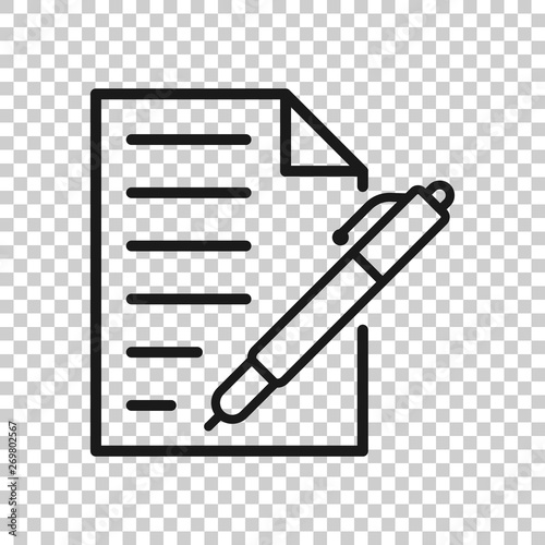 Document with pen icon in transparent style. Notepad vector illustration on isolated background. Office stationery business concept.