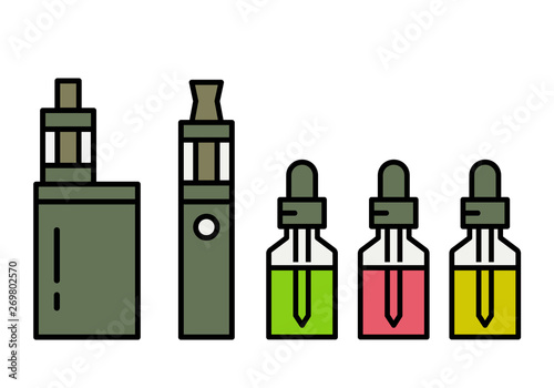 Vaping device and accessory. Electronic cigarette and bottles with vape liquid. e- liquid, e-juice. Mockup of Vape bottle with liquid. Isolated vector illustration on white background.