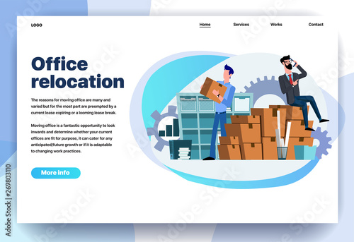 Web page flat design template for office relocation. Business landing page online moving to new office with boxes. Modern vector illustration concept for website and mobile website development