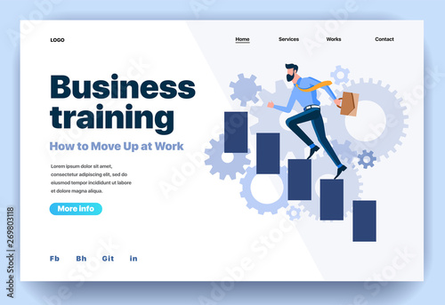 Web page flat design template for business training. Landing page training course with men tutor how to move up at work. Modern vector illustration concept for website and mobile website development