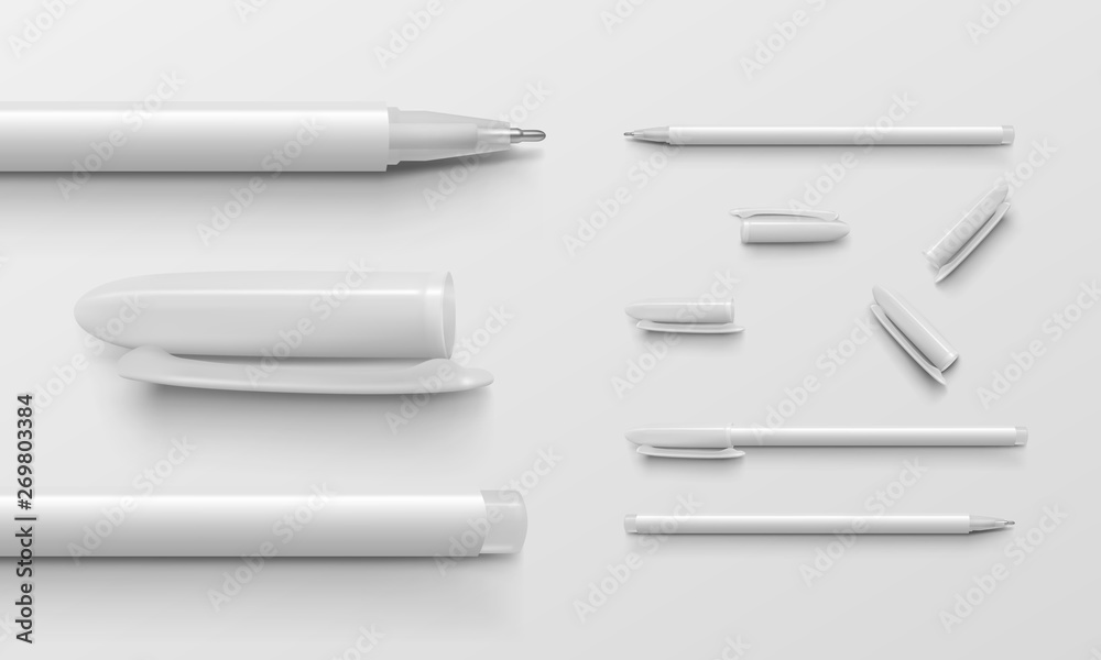 Set of white colored office pens and caps Set of white colored office pens and caps