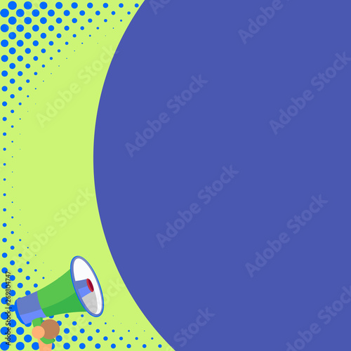 Half part blank huge balloon empty text with small megaphone. Announcement