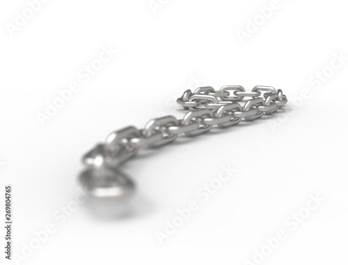 3D rendering of a curling flowing metal chain on white background.