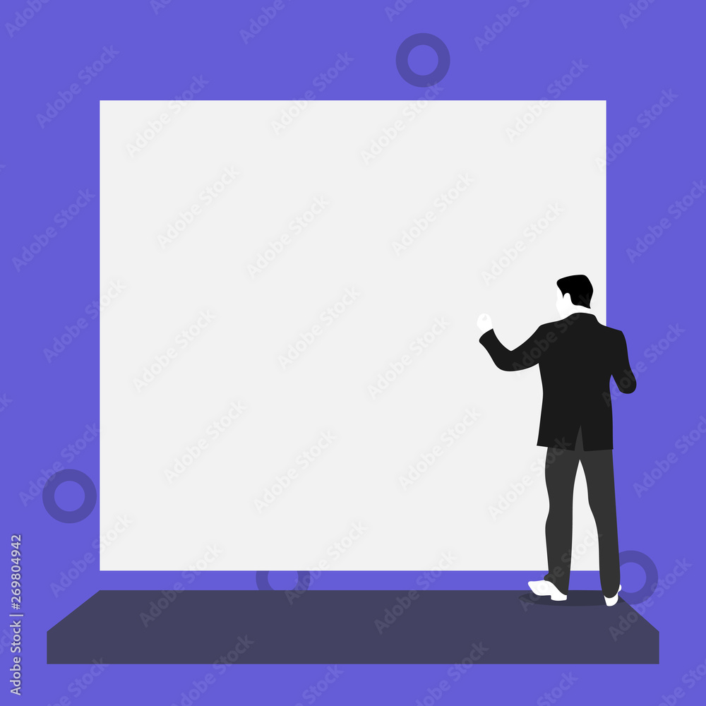 Back view young man dressed suit standing platform facing blank rectangle Back view young man dressed suit standing platform facing blank rectangle