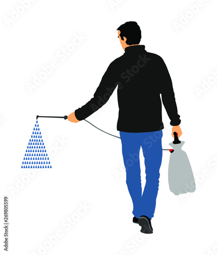 Gardener sprays pesticide vector illustration isolated. Farmer applying insecticide fertilizer to his vegetable using a sprayer.  Man watering plants or grass. Worker applying insecticide fertilizer.