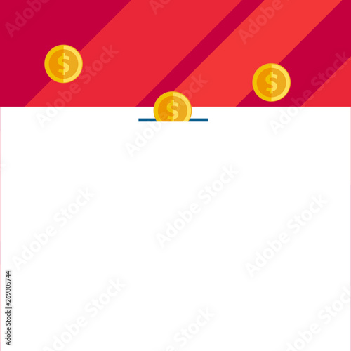 Front view close up three penny coins icon one entering collecting box slot