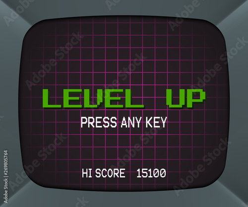 Arcade machine screen level up, vintage vector background