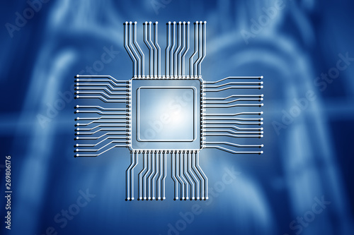 Photography CPU chip logo on blurred abstract server room background