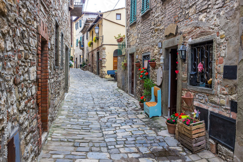streets and buildings in Montefioralle old village in Tuscany