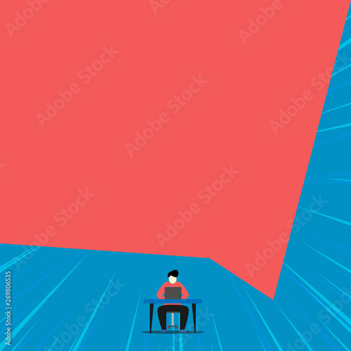 View young man sitting chair desk working open laptop geometric background