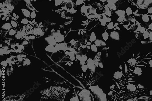 Fototapeta Naklejka Na Ścianę i Meble -  Beautiful tree bird and flowers art paintings color purple orange green pink white  and black  illustration pattern background and wallpaper