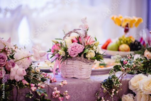 Sweet dessert table at a wedding.Cakestand at a wedding