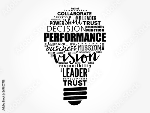 Performance light bulb word cloud, business concept background