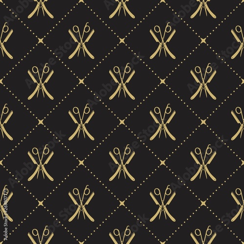 Barbershop seamless pattern with hairdressing scissors and razor. Vector illustration.