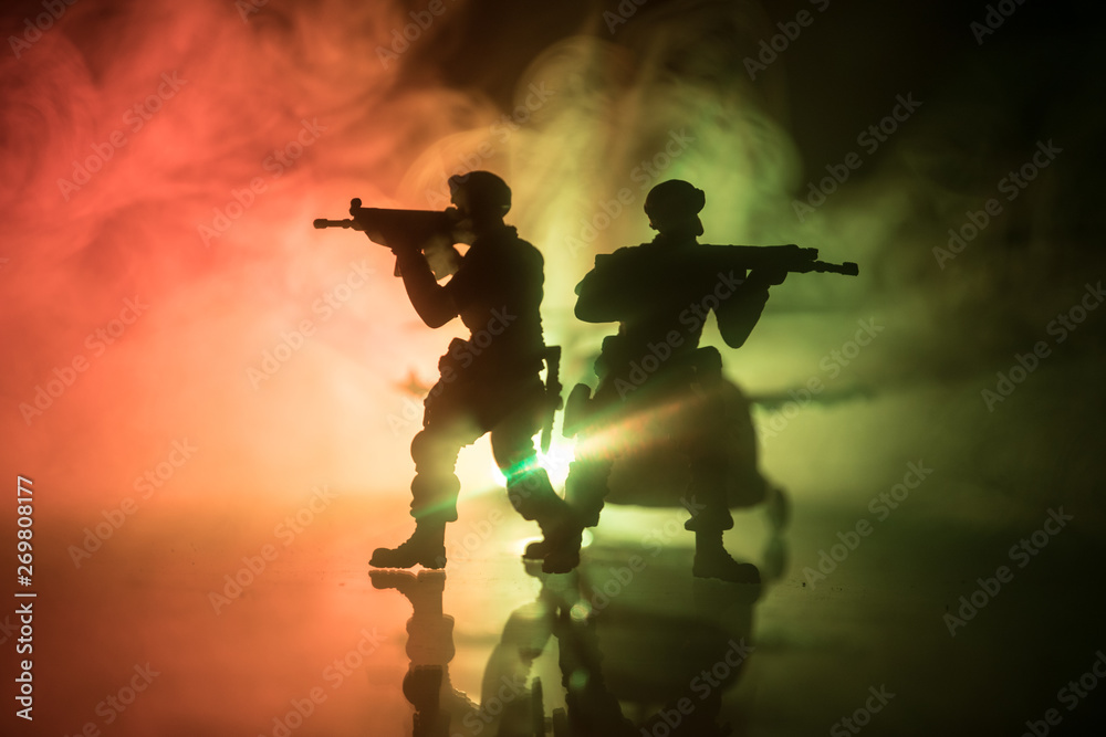 Artwork decoration. Soldiers in the desert during the military operation with combat helicopter or Helicopter assault special forces.