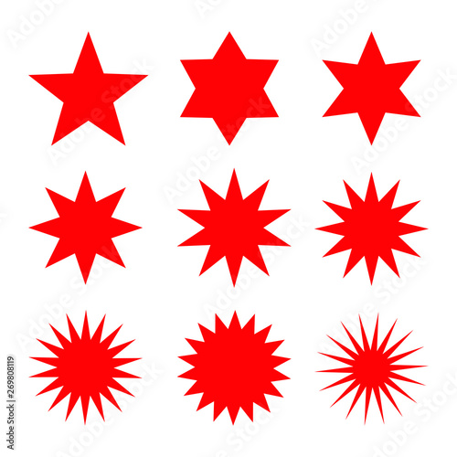 Collection of trendy retro stars shapes. Sunburst design elements set. Bursting rays clip art. Red sparkles. Best for sale sticker  price label  quality sign. Isolated on white.