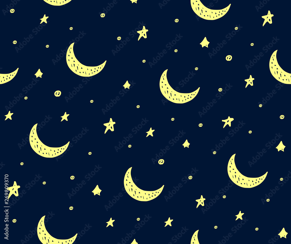 Cute handdrawn stars and moon seamless vector pattern dark blue and yellow Cute handdrawn stars and moon seamless vector pattern dark blue and yellow