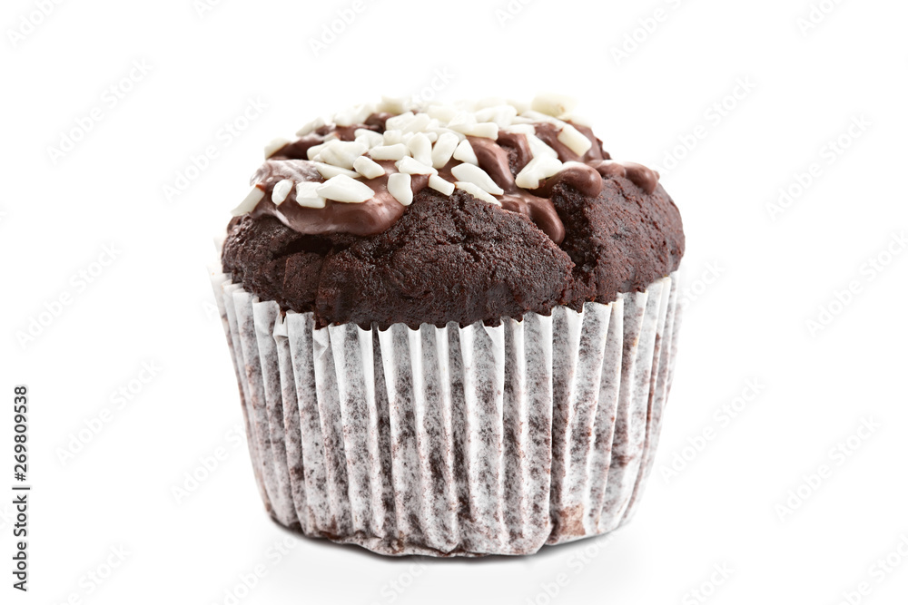 Tasty chocolate cupcakes on white background. Chocolate caramel cupcake and butterscotch syrup. Chocolate cupcake isolated on white. Tasty chocolate cupcakes on white background. Chocolate caramel cupcake and butterscotch syrup. Chocolate cupcake isolated on white.