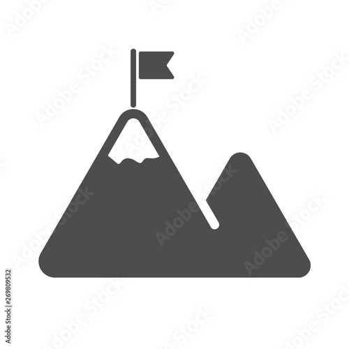 mountaines with flag on a peak vector icon isolated on white background. mountaineering, climbing, success, victory, alpinism web icon for mobile and ui design