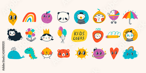 Various simple, doodle, cute, minimalistic icons for kids. Hand drawn logos. Big vector set. Children's drawings style. Design elements. Cartoon style. Flat design. Everything is isolated