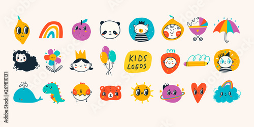 Various simple, doodle, cute,  minimalistic icons for kids. Hand drawn logos. Big vector set. Children's drawings style. Design elements. Cartoon style. Flat design. Everything is isolated