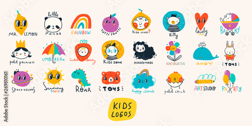 Basic RGBVarious simple, doodle, cute,  minimalistic icons for kids. Hand drawn pre- made logos. Big vector set. Children's drawings style. Design elements. Cartoon style. Flat design. Everything is i