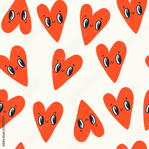 Hand drawn cute red hearts with faces. Vector seamless pattern. Colored trendy illustration for kids. Cartoon style. Flat design. Children's drawings style