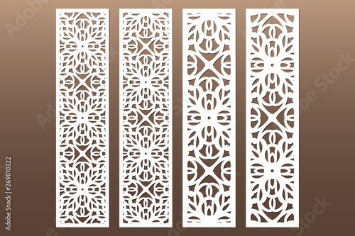 Die and laser cut decorative ornamental borders patterns. Set of bookmarks templates. Cabinet fretwork panel. Lasercut metal screen. Wood carving. Vector.