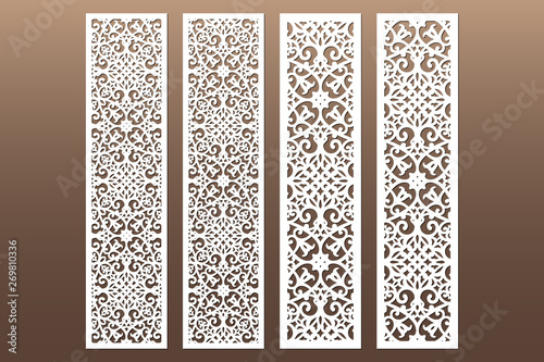 Die and laser cut decorative ornamental borders patterns. Set of bookmarks templates. Cabinet fretwork panel. Lasercut metal screen. Wood carving. Vector.