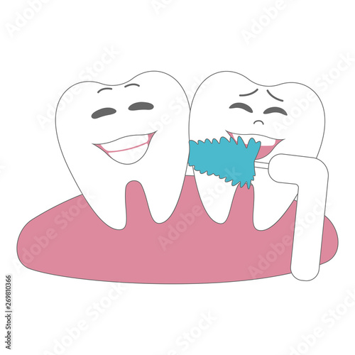 Cartoon illustrations of cute and funny teeth in mouth. Dental poster with toothbrush. Health tooth hygiene. Dental treatment vector poster banner template. Dentist tools, cute happy teeth affected by
