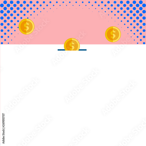 Front view close up three penny coins icon one entering collecting box slot